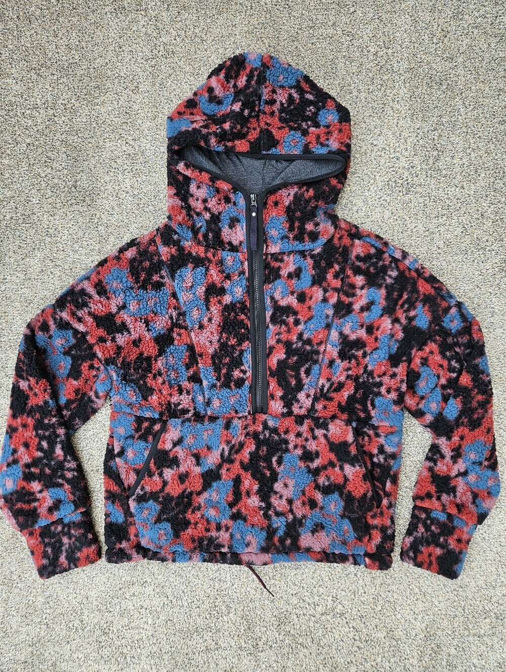 prAna Polar Escape Half Zip Pullover Sherpa Hoodie Black Floral Womens Medium